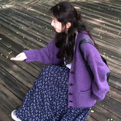 紫色小香风针织开衫毛衣外