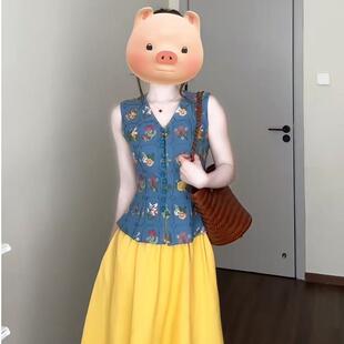 新中式国风套装女2025夏季高级感气质绝美印花马甲半身裙子两件套