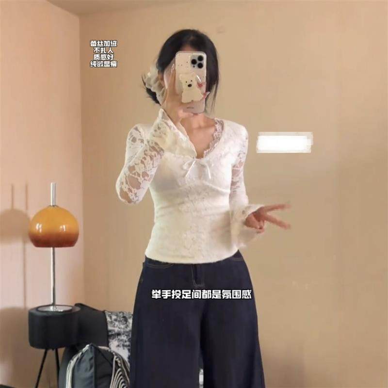 纯欲蕾丝花边修身喇叭袖长袖T恤女秋冬加绒内搭独特性感打底上衣
