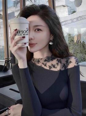 法式复古灰色蕾丝拼接毛衣针织打底衫女内搭修身显瘦长袖上衣秋冬
