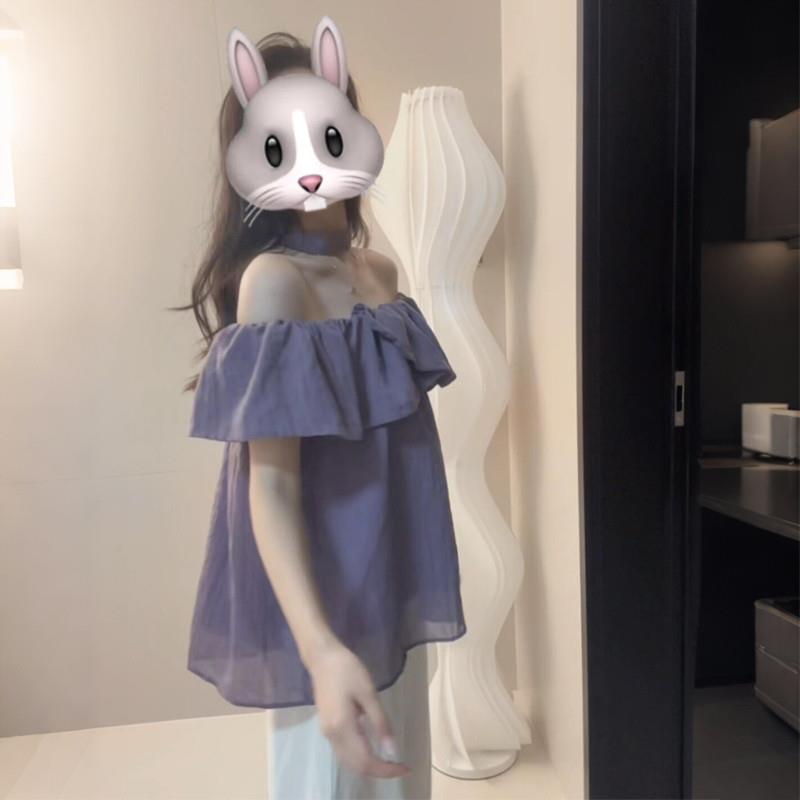 紫色荷叶边一字肩衬衫女夏