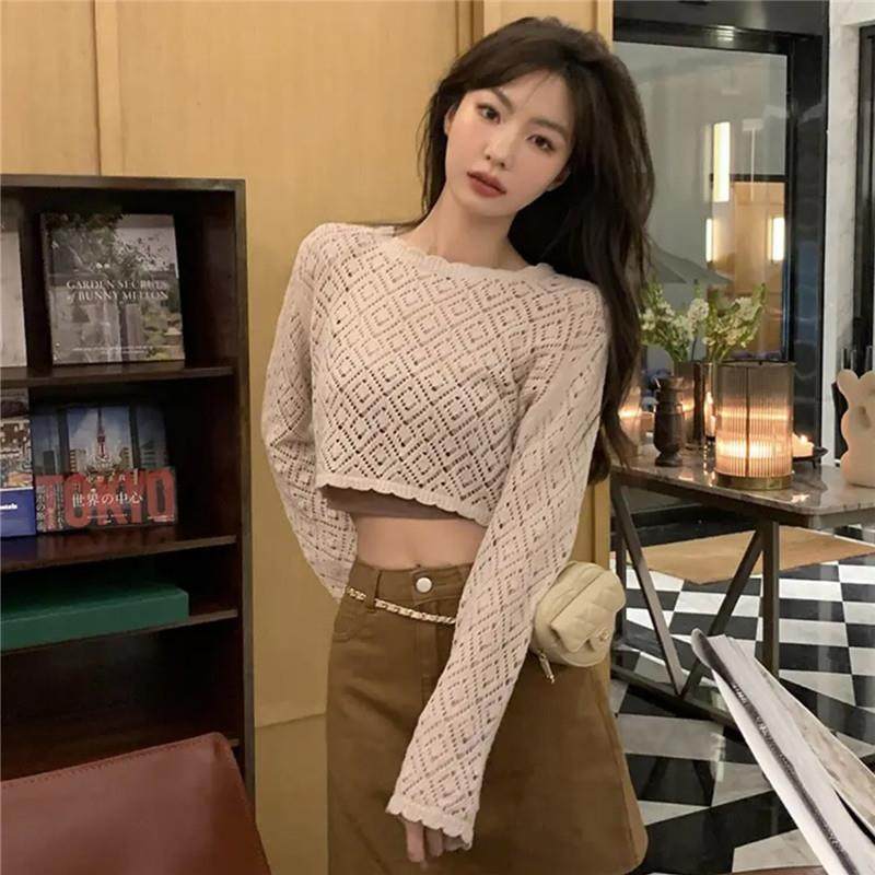 甜美镂空外搭小衫薄款针织防晒衫宽松短款套头罩衫冰丝衫女夏上衣