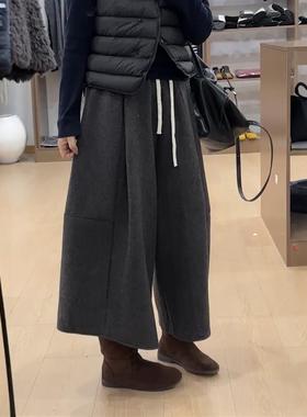 复古加绒深灰色毛呢九分裤女秋冬宽松显瘦直筒裤小个子百搭阔腿裤