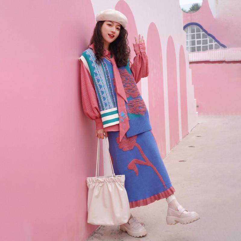 森系穿搭春季套装森系针织毛衣马甲衬衫半身裙子女春装搭配一整套