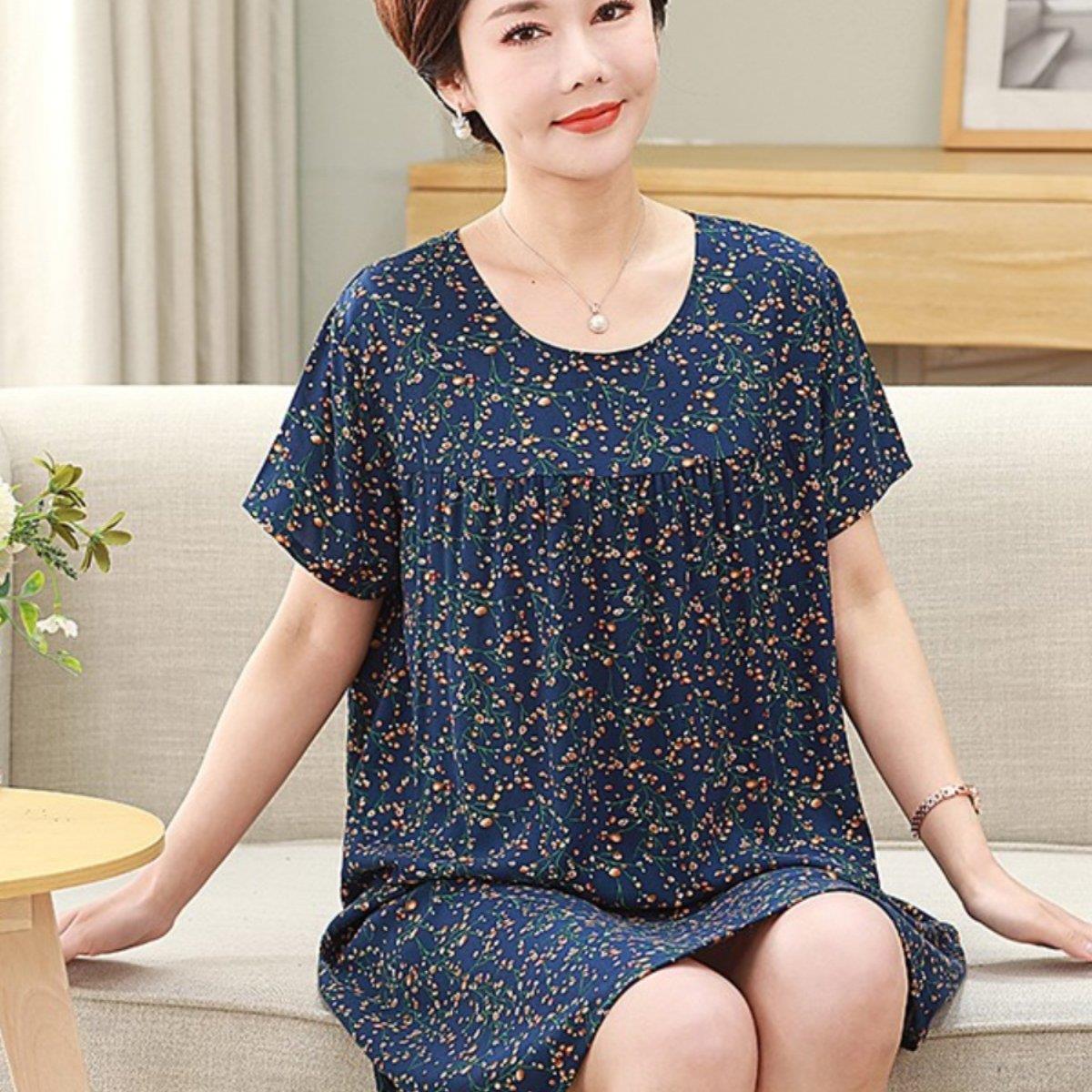 中老年睡裙女士夏季短袖绸妈妈睡衣绵绸家居服外穿大尺码洋装