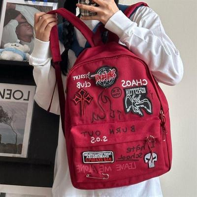 美式高街书包初中生女款男款潮流品牌时尚覆古酒红小众大容量帆布