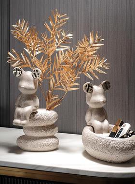 现代轻奢创意陶瓷福字熊玄关乔迁新居礼物新中式装饰品摆件插花