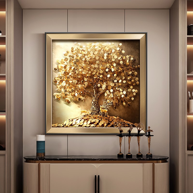 轻奢玄关装饰画招财树正方形餐厅背景墙挂画客厅大气寓意好壁饰画图片