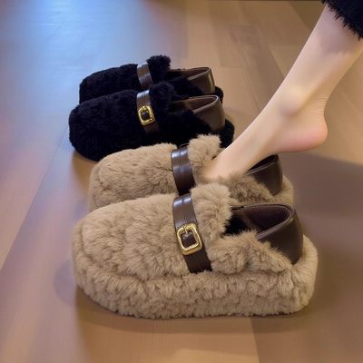 【羊羔绒】毛毛鞋女2025新款冬季皮带扣厚底加绒保暖孕妇豆豆棉鞋