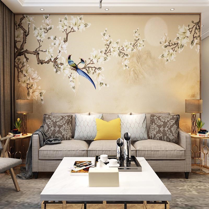 新中式电视背景墙壁画8d立体墙布花鸟5d墙纸壁布沙发客厅卧室贴画