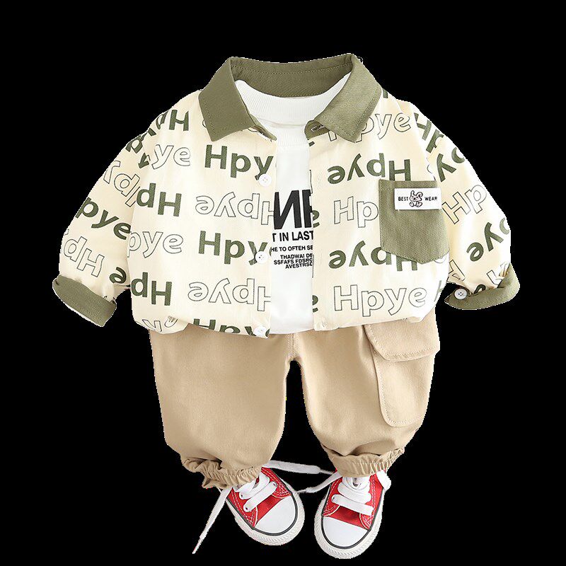 男童宝宝秋装套装小童春秋新款婴儿童洋气长袖三件套韩版外穿衬衫