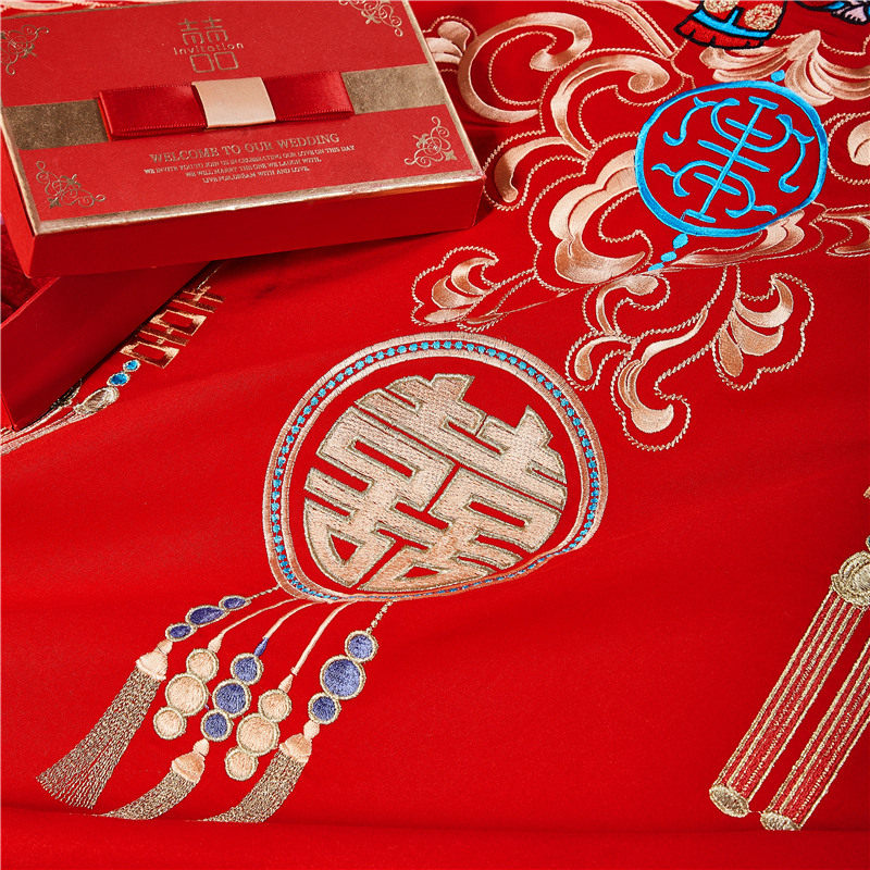 结婚床上用品四件套新婚喜字被套红色婚庆床单婚嫁子孙图婚床刺绣