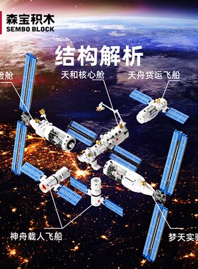 中国航天空间站拼装积木科技模型成年高难度小颗粒益智男孩子玩具