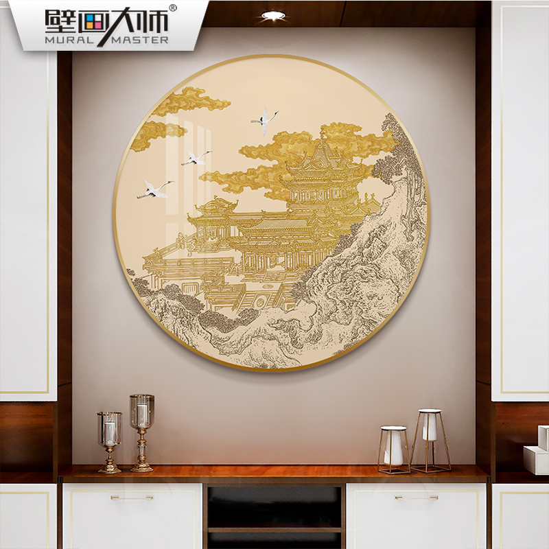 新中式玄关装饰画客厅圆形挂画国风茶室书房饭厅亭台楼阁浮雕壁画图片