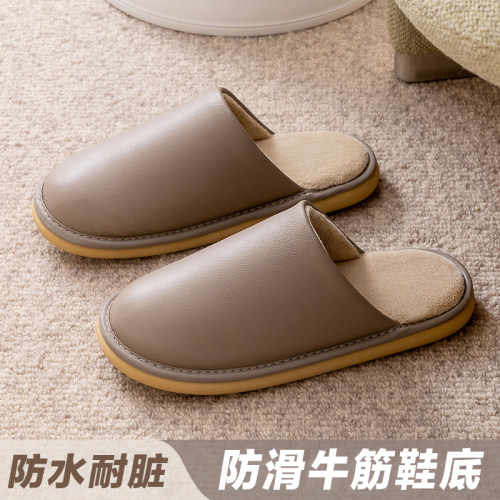 防水皮拖鞋棉秋冬女居家防滑保暖室内家居PU皮加绒加X厚踩屎感男