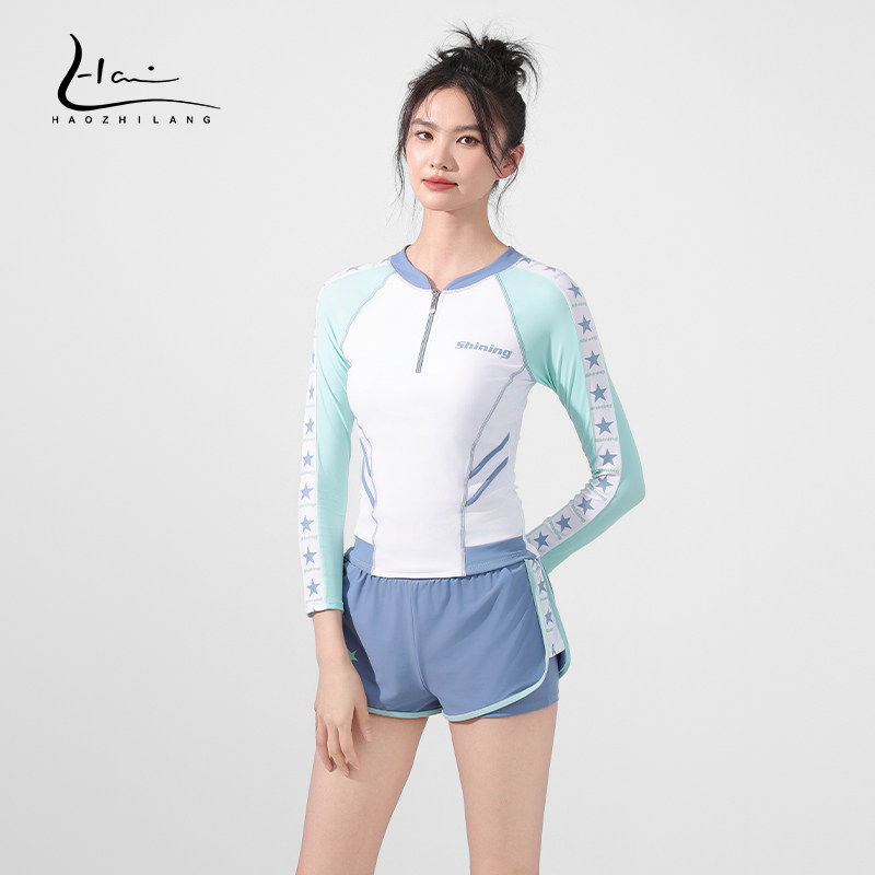 泳衣女分体保守2025新t款长袖防晒显瘦遮肚游泳馆专用平角游泳装