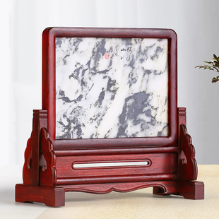 红木工艺品巴里黄檀雕刻家居摆件天D然大理石插屏实木屏风座屏台