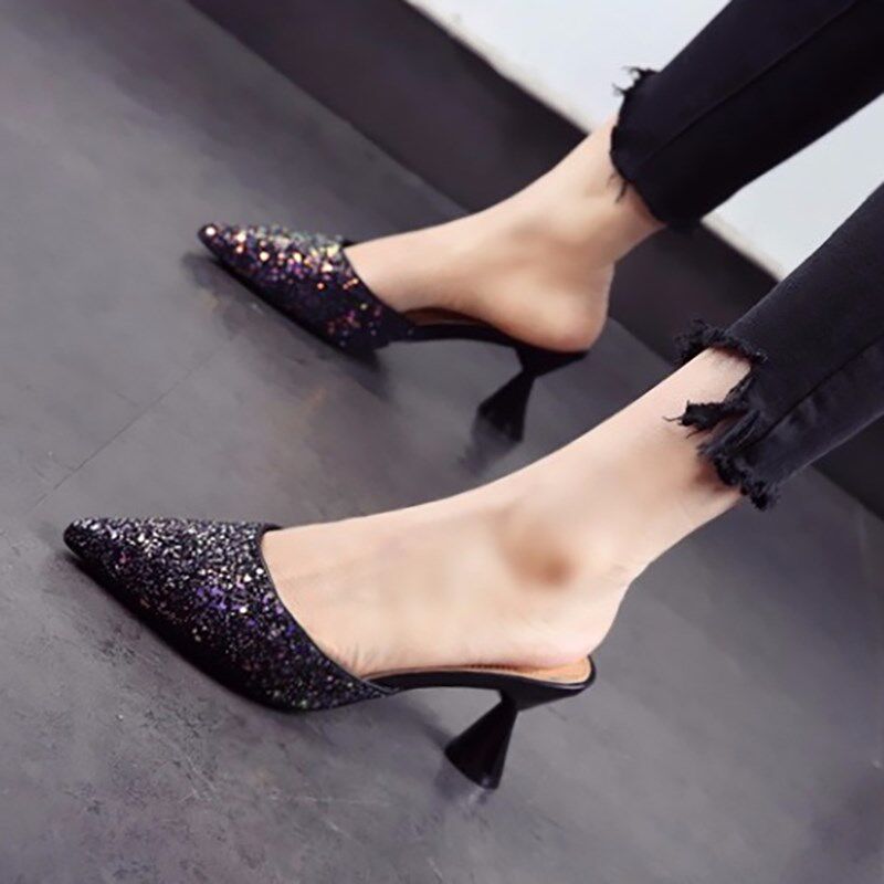 31 32 33 34小码40 41 42 43大码尖头粗跟高跟鞋一字拖凉鞋女黑色,女鞋,时装凉鞋,淘宝优惠券,粉丝福利购,淘宝优惠卷