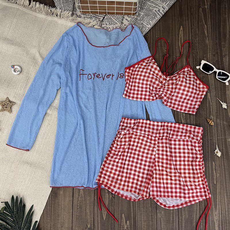 罩衫长袖分体泳衣女三件套新款纯B欲风微胖保守显瘦遮肉泡温泉泳