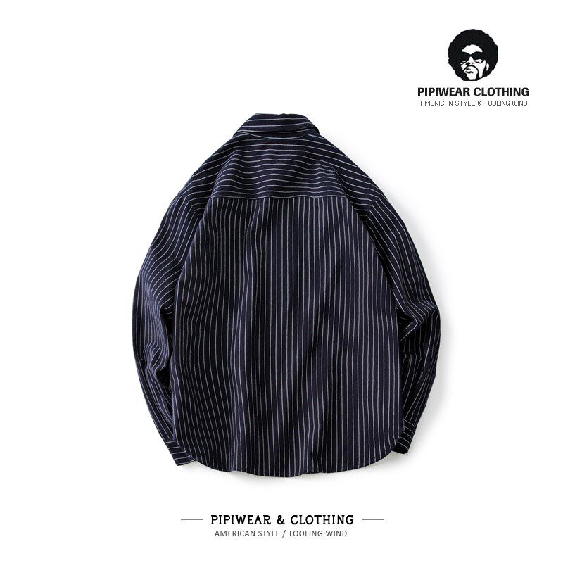 黑色细竖条纹多口袋网红衬衫男秋天潮流长袖衬衣宽松休闲寸衣寸衫