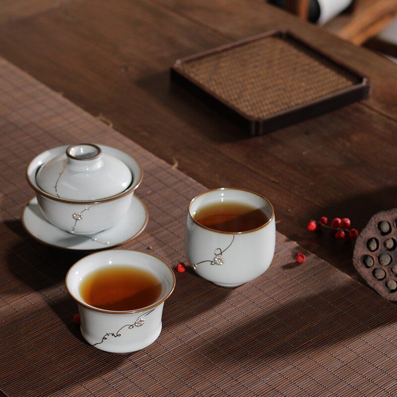 观复博物馆仿官釉锔瓷盖碗茶杯套装F银钉手工品茗可养开片工夫茶