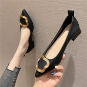 低跟单鞋 女3CM 软皮高跟鞋 女粗跟方扣软底r尖头百搭浅口女鞋 工作鞋