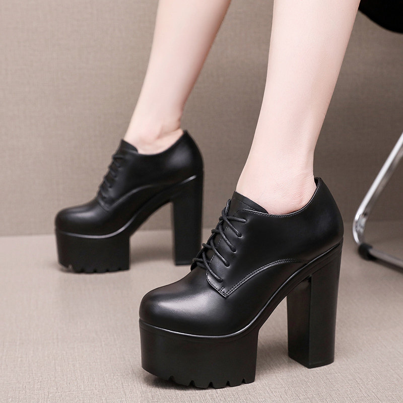 超高跟鞋女粗跟系带四季皮鞋防水台厚底演出鞋不累脚X深口加绒单