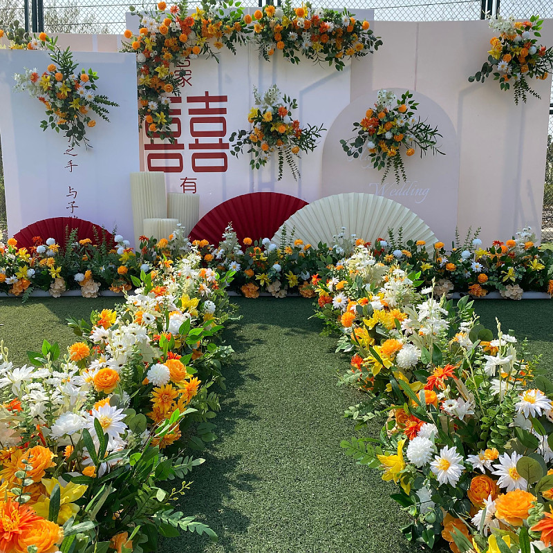 新款森系地排花婚庆绿色花排婚礼舞台t台路引花白绿色Z花艺长挂花