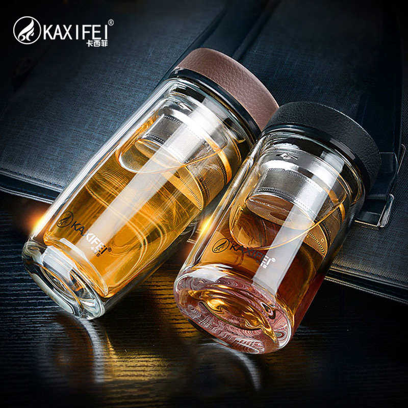 卡西菲双层玻璃水杯男士泡茶带滤网商用加O厚隔热耐高温个性简约