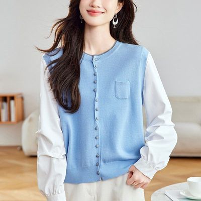 棉茧假两件针织衫女长袖2025春装