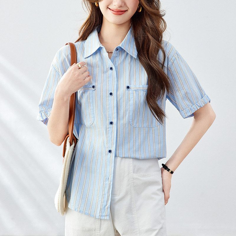 棉茧蓝色条纹衬衫女短袖2025夏季