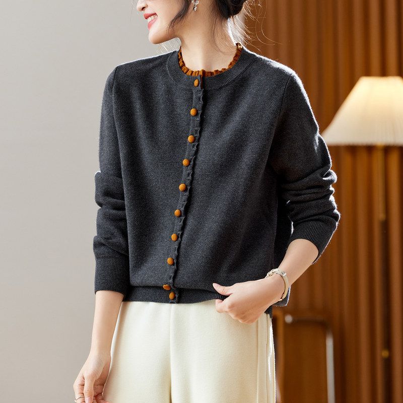 棉茧木耳边撞色圆领针织衫女长袖