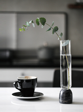 MOMOS莫语  ins风直筒透明玻璃小花瓶大理石底座插花摆件装饰品