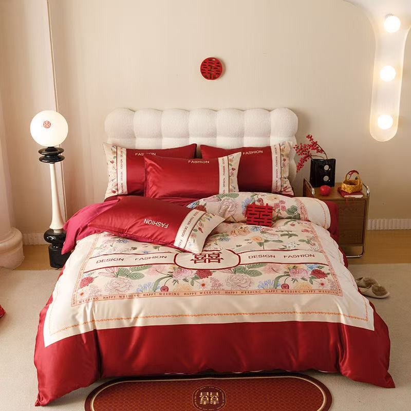 田园风高端婚庆四件套中式印花新婚床单被套大红色结婚房床上用品