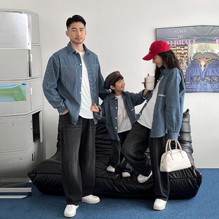 高端亲子装2024新款潮亲子装一家三四口秋季衬衣长袖条纹牛仔衬衫