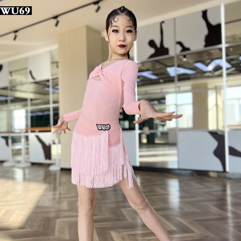 W69儿童拉丁舞练功服女舞蹈训练服流苏少儿拉丁舞服表演服装