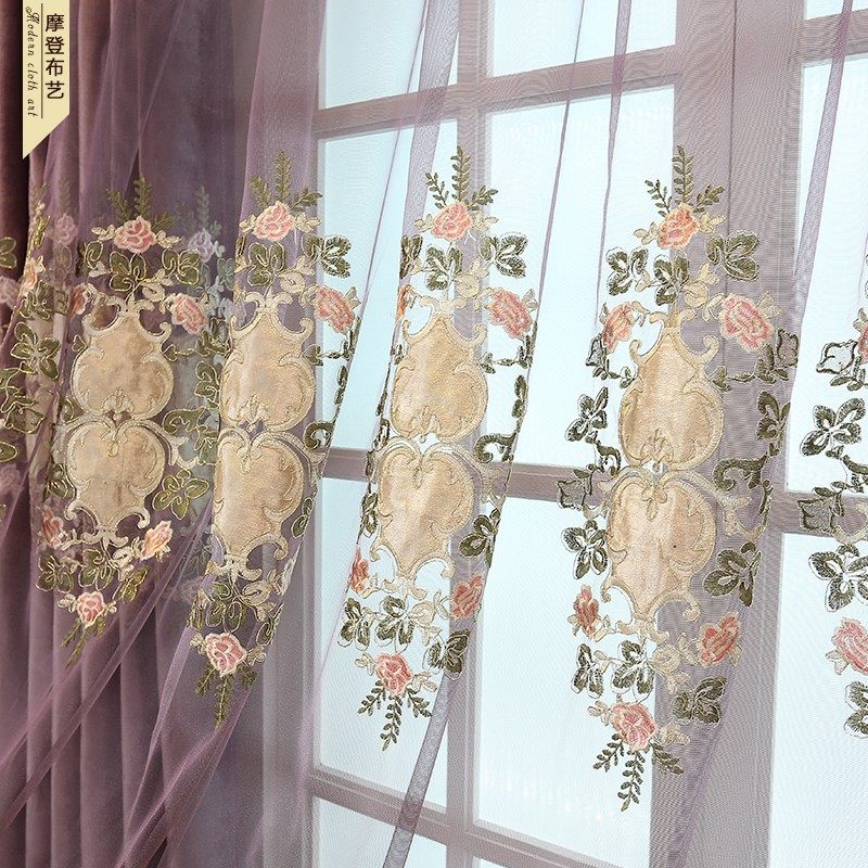 欧式窗帘豪华别墅客厅卧室婚房绒布绣花遮光窗帘成品定制紫