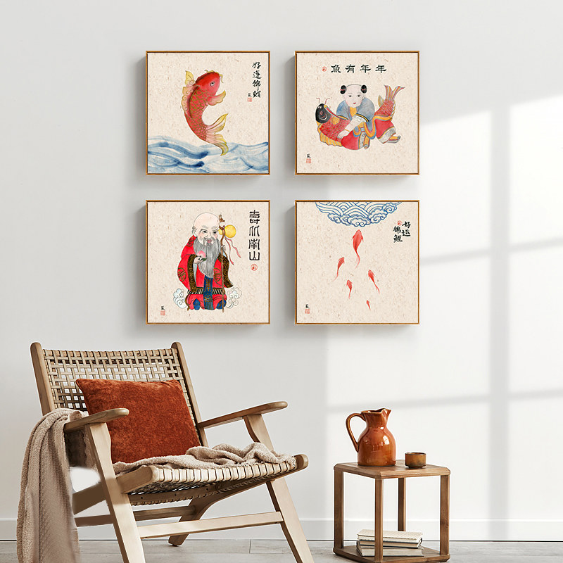 新中式餐厅挂画中国风好运锦鲤装饰画年年有余原木风客厅墙面壁画