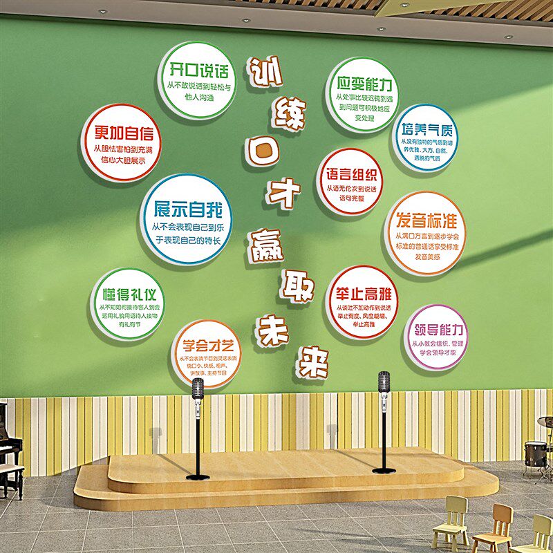 口才教室装饰少儿童播音小主持人培训机构文化背景V墙面布置墙贴