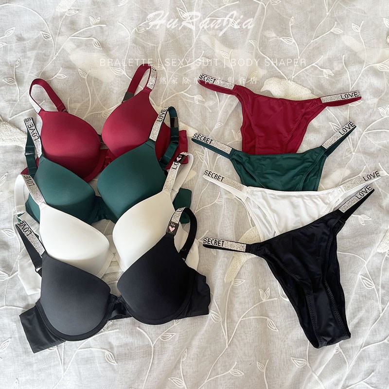 奢华水钻肩带logo文胸套装聚拢集中升杯深V裸感光面内衣胸罩