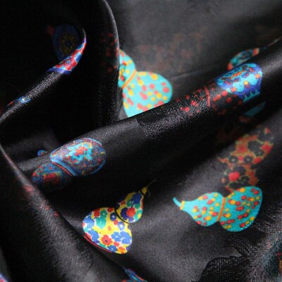 华传雨丝绸面料 宝葫芦印花交织提花桑波缎新中式服装丝绸面料