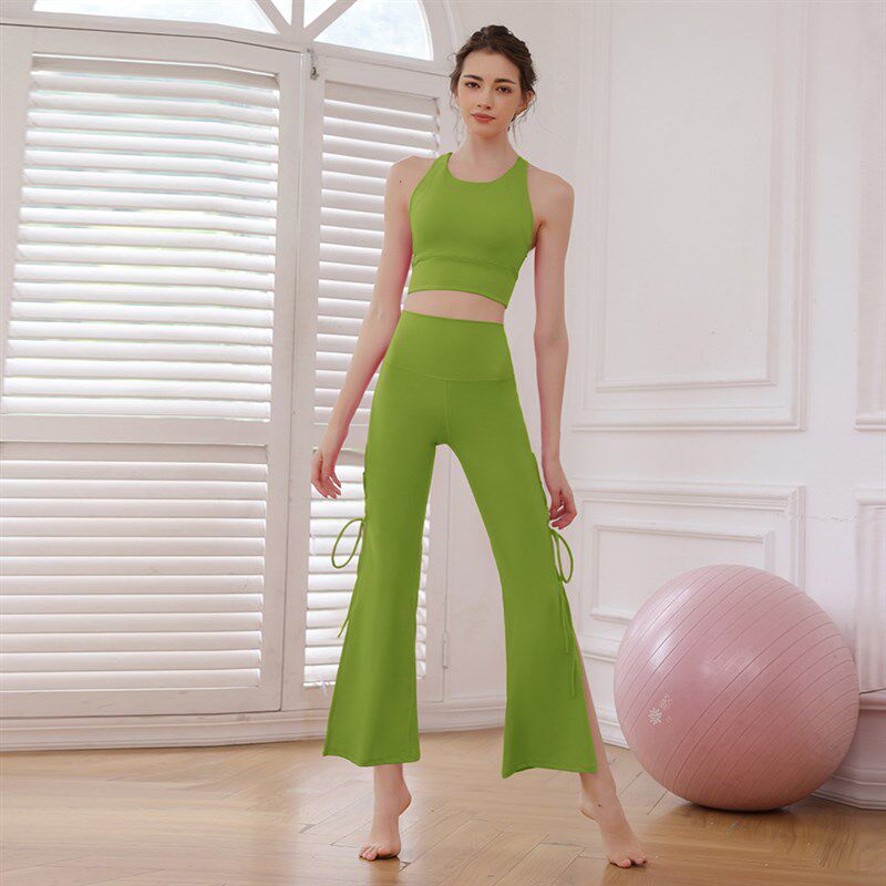 帛扬气质舞蹈瑜伽服套装女高级感绑带开叉喇叭防震运动健身两件套
