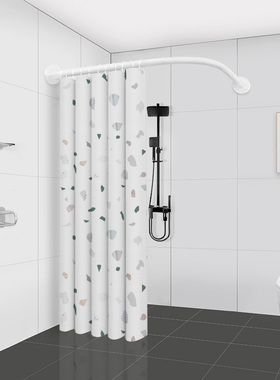 浴帘杆弧形免打孔卫生间干湿套装转角浴室防水布U形L型伸缩白色杆