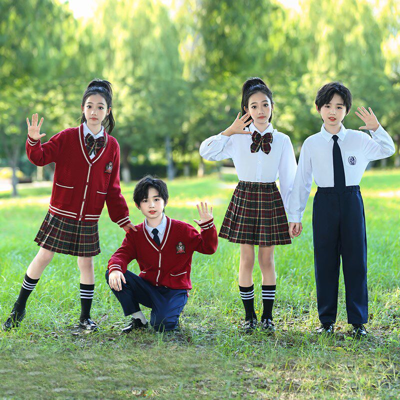 小学生校服春秋新款儿童学院风毛衣开衫JK衬衫套装三件套表演服潮