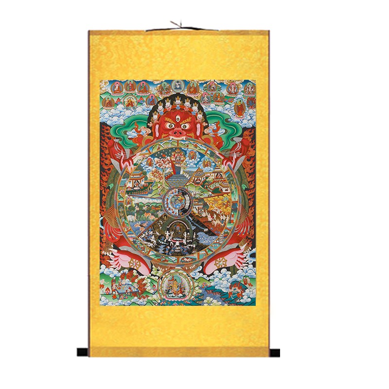 六道轮回图 因果报应图挂画 生死轮回图 十二因缘缘起丝绸卷轴画