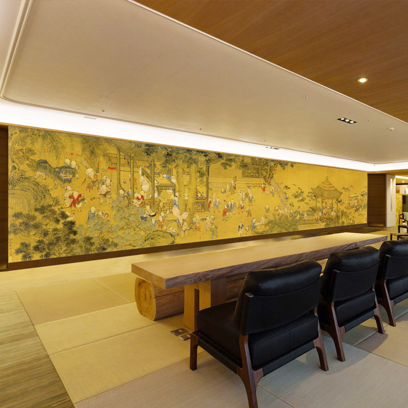 所会养生馆会客室书房沙发客厅卧室电视背景墙壁画墙纸墙布百子图