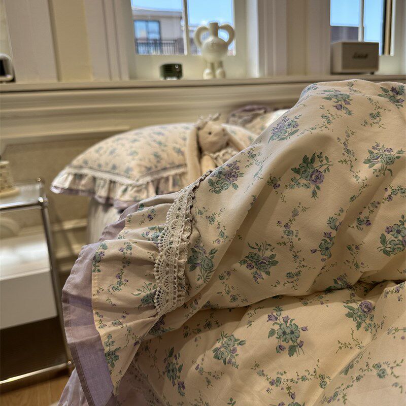 韩式蓝紫碎花蕾丝花边床裙款四件套全棉1.5m1.8米被套床单公主风