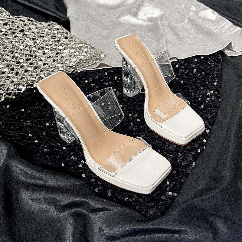 高跟凉鞋女2025夏季新款粗跟y半拖一字带透明防水台外穿白色凉拖