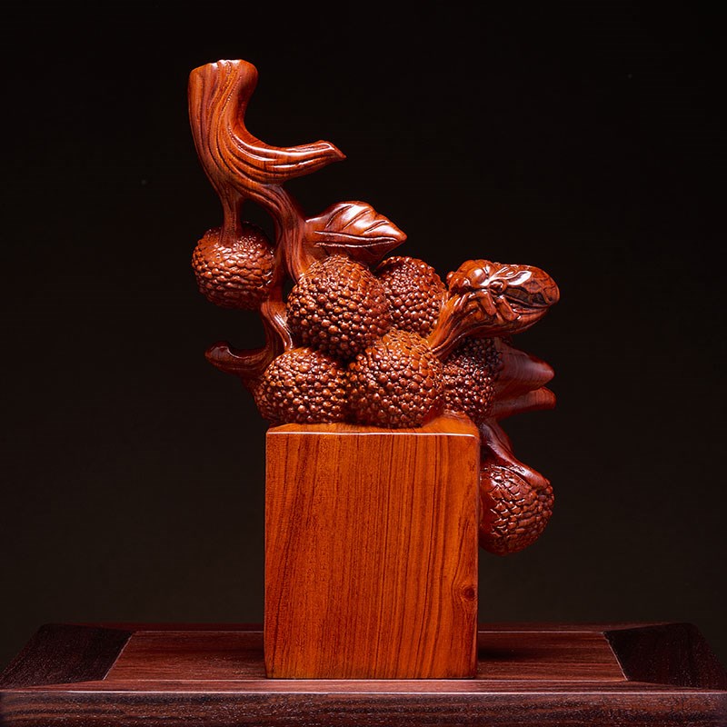 花梨木雕荔枝摆件实木雕刻名利双收工艺品酒柜博古架玄关开业送礼