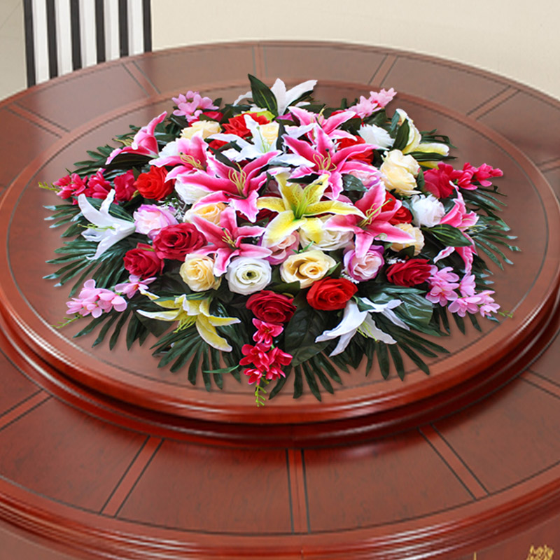 大型酒店餐桌花摆件花绢花装饰花插花饭店圆桌花电动转盘餐桌花艺
